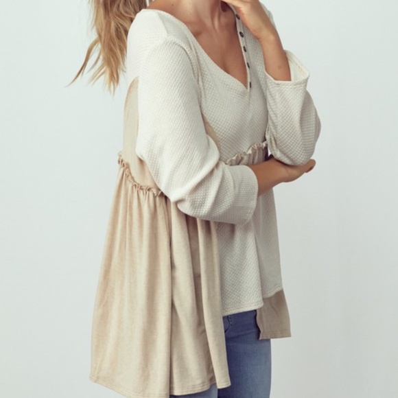 078 Boho Color Block 3/4 Sleeve babydoll Top - Picture 3 of 5